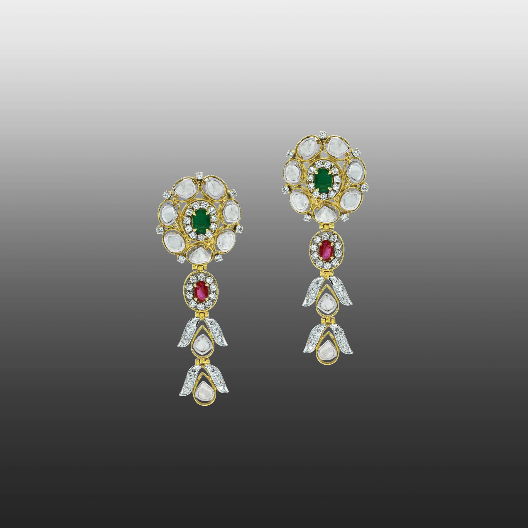Layered Polki Necklace Set with Emeralds, Rubies, and Drops